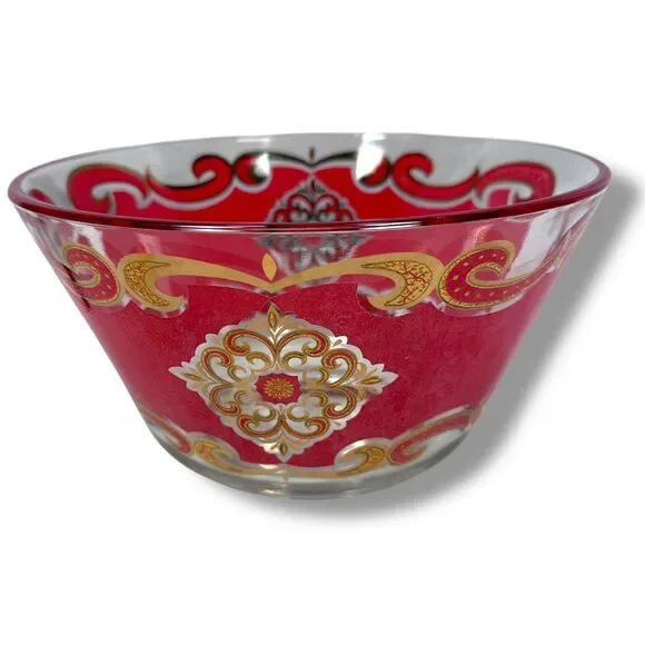 Vintage MCM Culver Starlyte Red Gold Punch Bowl Round Filigree Glassware 10.5